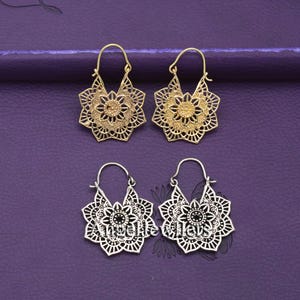 Brass Mandala Flower Earrings, Intricate Boho Statement Jewelry for Women, Lightweight Festival Hoops, Handmade Indian Design Gift
