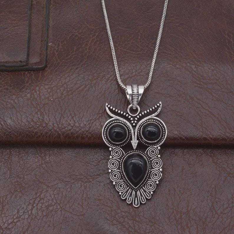Vintage Owl Pendant Necklace, Boho Silver Owl Jewelry, Black Stone Owl Necklace for Women, Antique S