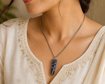 Blue Stone Pendant Necklace, Handmade Wire Wrapped Crystal Necklace, Boho Statement Jewelry, Unisex Gift
