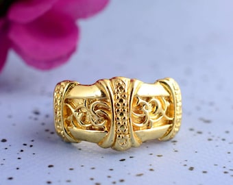 Vintage Gold Plated Statement Ring, Boho Filigree Wide Band, Adjustable