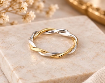Silver Brass Two Tone Twist Ring, Mixed Metal Ring, Handmade Jewelry, Silver Jewelry Style, Anniversary Gift for Her, Stacking Ring