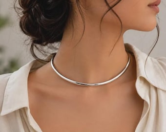 925 Sterling Silver Minimalist Torque Choker Necklace | Open Collar Necklace | Modern Statement Choker | Handmade Silver Neck Ring for