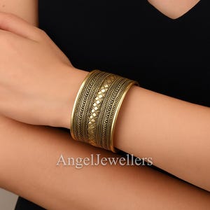 Ornate Brass Cuff Bracelet, Wide Vintage Style Bangle, Tribal Etched Pattern Bracelet, Adjustable Bold Gold Cuff, Boho Statement Jewelry