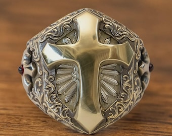 Bold Medieval Knight Cross Gothic Armor Ring , Crusader Templar Style Signet Ring for Men