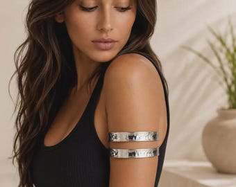 Vintage Silver Upper Arm Cuff Bracelet, Hammered Metal Armlet, Gypsy Tribal Arm Band Jewelry, Festivals Gift for Herelry