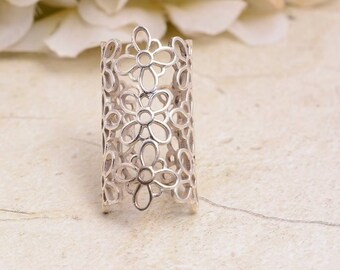 Sterling Silver Floral Splint Ring, Boho Arthritis Jewelry