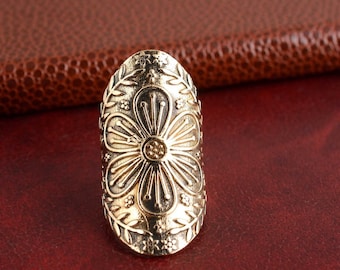 Handmade Brass Flower Statement Ring, Boho Long Ring