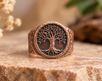 Tree of Life Copper Ring for Men & Women, Handcrafted Rustic Signet Ring, Celtic Yggdrasil Band, Nature Jewelry, 7th Anniversary Gift