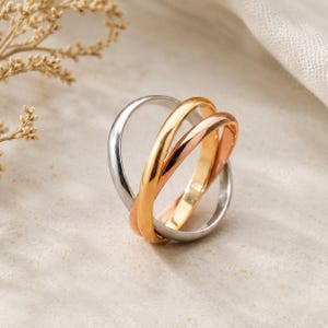 Può includere: Un anello intrecciato tricolore composto da tre fasce lisce e lucide nei toni dell'argento, dell'oro giallo e dell'oro rosa. Le fasce sono intrecciate per creare una struttura circolare continua e stratificata con una finitura metallica riflettente.