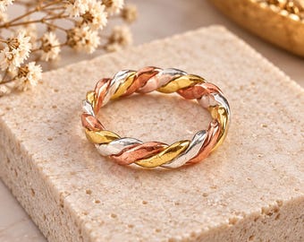 Mixed Metal Ring, Braided Tricolor Band, Silver Gold and Copper Ring, Handmade Boho Jewelry, Unique Gift for Her