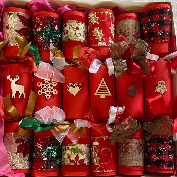 Luxury Christmas crackers, individually handmade with quality personalised gifts, ribbons and confetti to bring sparkle to your table