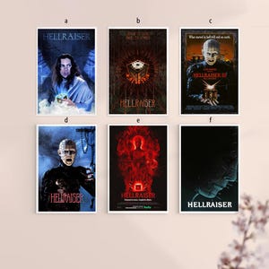 Puede incluir: Una colección de seis carteles de películas enmarcados de la película de terror "Hellraiser". Los carteles presentan varias imágenes de personajes y escenas de la película, con el título en negrita.
