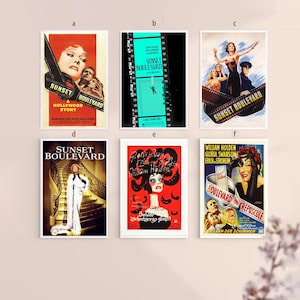 May include: Six vintage film posters for "Sunset Boulevard" are displayed. The posters showcase diverse designs, including actors, film reels, and text. The colour scheme incorporates red, black, white, and teal.
