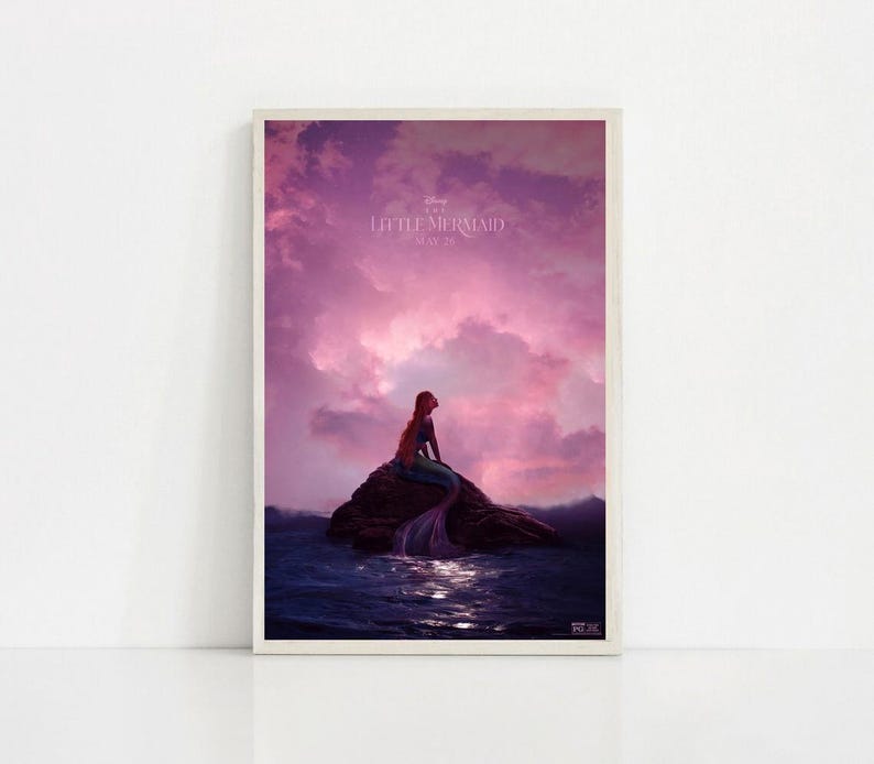 Puede incluir: P&oacute;ster enmarcado de una sirena sentada en una roca en el mar, con un cielo rosa y p&uacute;rpura de fondo. El p&oacute;ster incluye el texto "The Little Mermaid" en la parte superior.