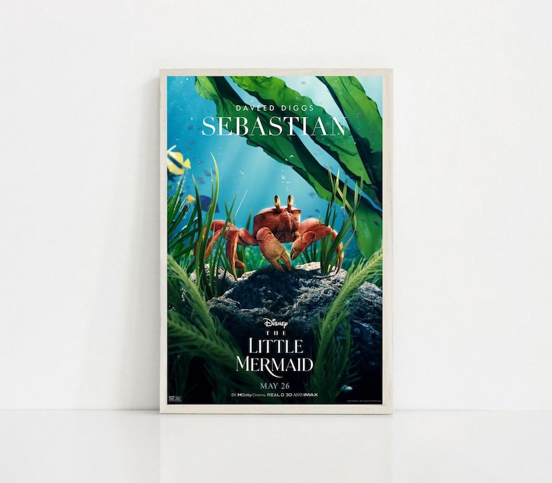 Puede incluir: Un p&oacute;ster enmarcado de la pel&iacute;cula "La Sirenita" de Disney. El p&oacute;ster presenta una escena submarina con un cangrejo rojo, Sebasti&aacute;n, y el texto "La Sirenita" y "May 26". Algas verdes y un fondo azul completan el dise&ntilde;o.