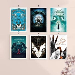 Puede incluir: Se muestran seis carteles enmarcados de la película "El laberinto del fauno". Los carteles presentan varios diseños artísticos, incluyendo ilustraciones de personajes y escenas de la película. Las paletas de colores varían del verde azulado y azul a tonos oscuros y terrosos.
