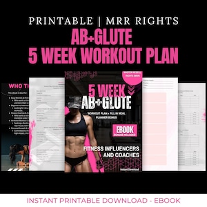 Puede incluir: Portada de ebook digital con el título "AB+GLUTE 5 WEEK WORKOUT PLAN" en rosa y blanco. La portada presenta a una mujer con ropa de entrenamiento. El ebook incluye una bonificación de planificador de comidas y está dirigido a influencers y entrenadores de fitness.