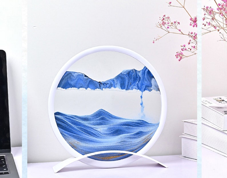 7/12inch Moving Sand Art Sculpture, Flowing Sand Picture, Rounded Frame