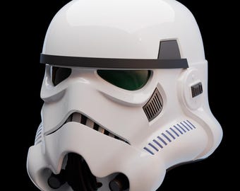 May include: A white Stormtrooper helmet with black accents and a glossy finish. The helmet features a distinctive design with a black visor, ventilation details, and a prominent mouth grill. The helmet is a recognizable piece of science fiction memorabilia.