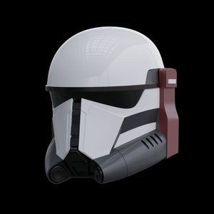 May include: A white and gray helmet with a red and black stripe on the side. The helmet has a visor and a black face mask.