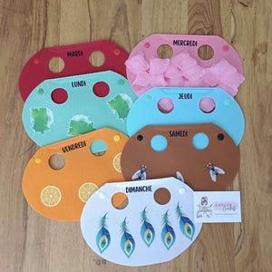 Vestiti del lupo che voleva cambiare colore, vestiti del lupo, iscrizione dei nomi dei giorni sul retro dei mantelli