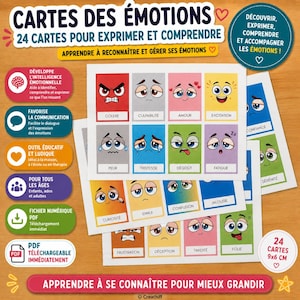 Può includere: Un set di 24 carte delle emozioni con volti di cartoni animati colorati, varie espressioni e etichette in francese. Le carte sono disposte in una griglia, misurano ciascuna 9x6 cm e servono per aiutare a identificare i sentimenti.