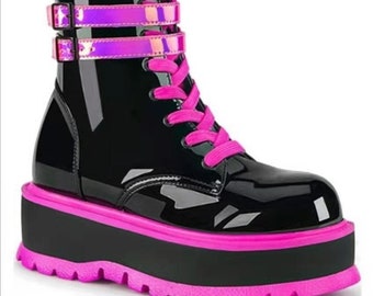 Platform Mid-heel Shiny Leather,Black Gothic Boot, Goth Platform Shoes, Platform Shoes, Chunky Shoes, Biker Boot, Ankle Boot, Gothic Boots