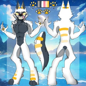 Puede incluir: Ilustración de cuerpo completo de un personaje antropomórfico blanco con forma de lobo, con detalles en gris y amarillo. El personaje tiene una expresión severa, con un diseño detallado que incluye cola, patas y una paleta de colores. El fondo presenta un paisaje costero.