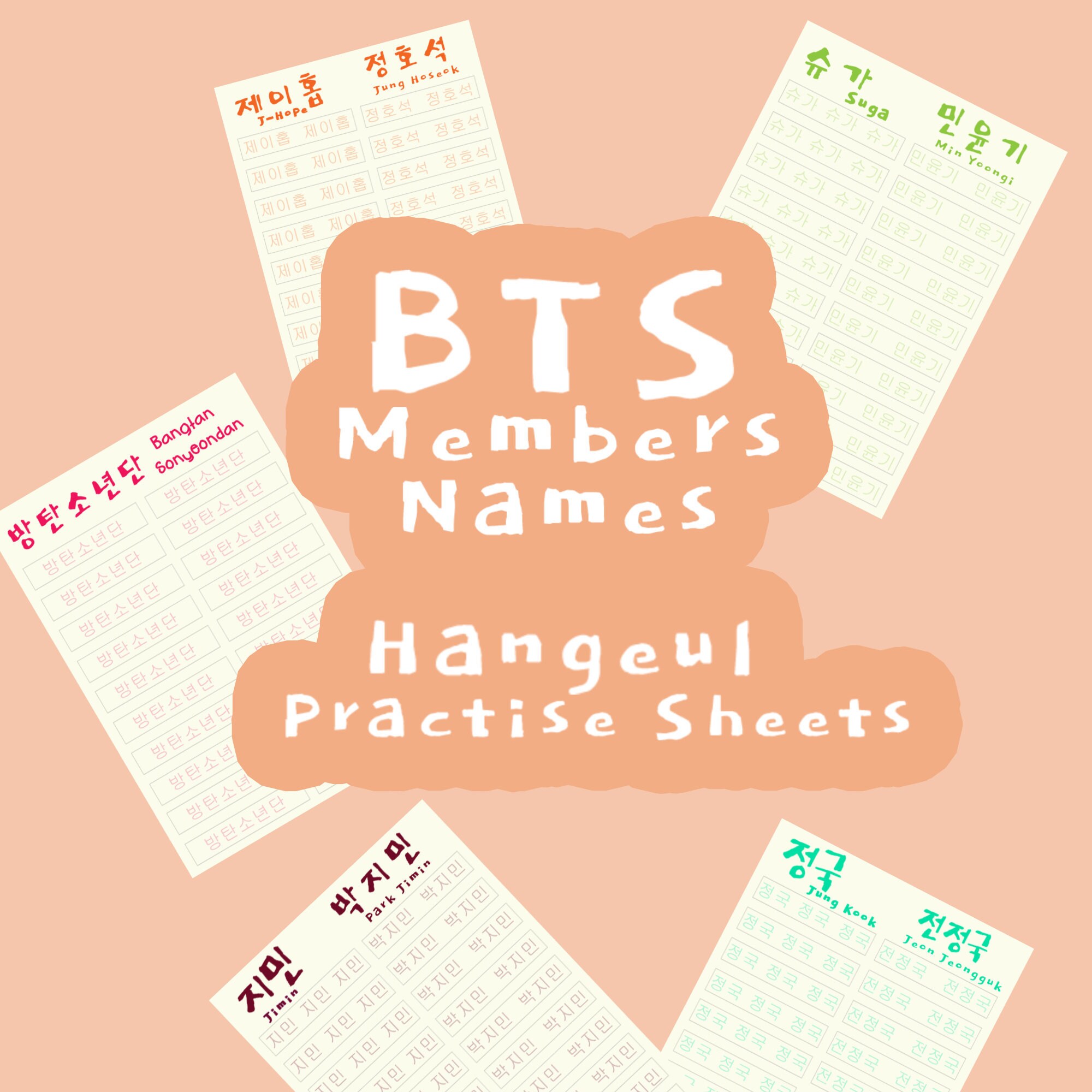 BTS Member Names Korean Language Practice Worksheet, Printable, S Note, Good Note, Language