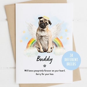 Carta di simpatia per Carlino, Mi dispiace per la tua perdita, Carta di simpatia per la perdita di un cane, Morte del cane, Carta per cani Rainbow Bridge, Carta per lutto per animali domestici