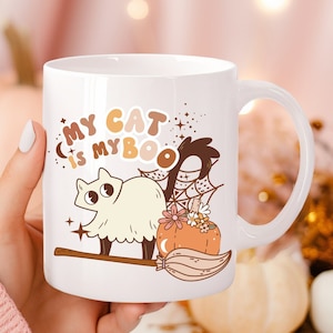 Personalised Halloween Mug, My Cat Is My Boo, Retro Cartoon, Halloween Gift for Her, Crazy Cat Lady, Funny Coffee Mug, Spooky Vibes