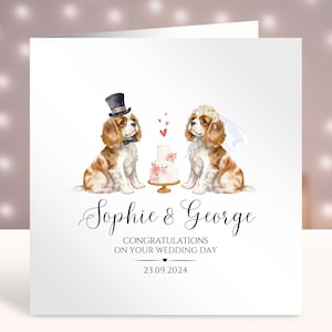 Biglietto di nozze personalizzato, biglietto di nozze di congratulazioni, biglietto di auguri per coppia appena sposata, nomi di signore e signora, sposi, amante dei cani, animali domestici