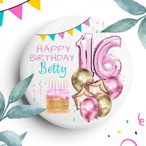 Badge Pin di buon compleanno, sorella, figlia, amica, 16°, 18°, 21°, 25°, 35°, 40°, 50°, Pulsante personalizzato per feste di compleanno UK