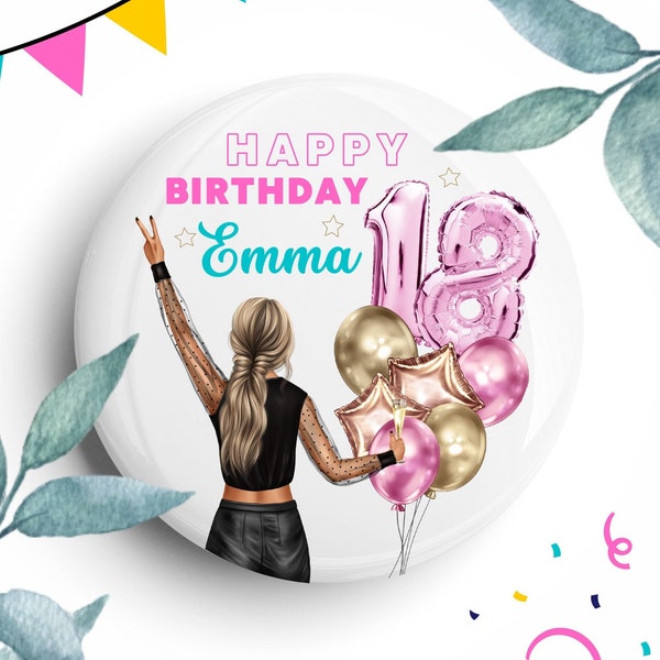 Happy Birthday Pin Badge, Sister, Daughter, Friend, 16th, 18th, 21st, 30th, 40th, 50th, 60th, Custom Personalized Birthday Party Button UK