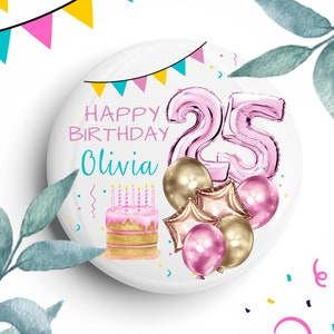 Badge Pin di buon compleanno, sorella, figlia, amica, 16°, 18°, 21°, 25°, 35°, 40°, 50°, Pulsante personalizzato per feste di compleanno UK