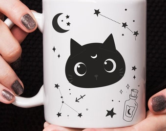 Personalized Black Cat Halloween Mug, Celestial Design