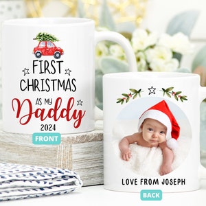 パパの初めてのクリスマスマグ、フォトカップ パパの初めてのクリスマスプレゼント 2024、新しいパパへのギフト、パパへのギフト、パパの写真マグ、赤ちゃんの初めてのクリスマス
