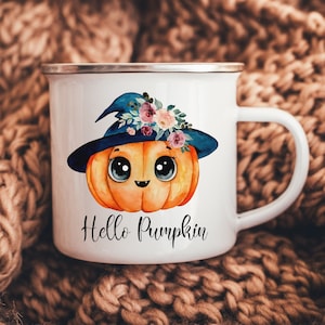 Halloween Personalised Enamel Mug, Hello Pumpkin, Halloween Camping Mug, Gift For Halloween, Autumnal Magic, Autumn Cup, Fall Coffe Mug UK