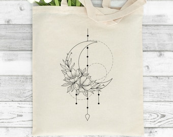 Personalized Celestial Tote Bag, Moon Floral Design
