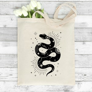 Shoulder Tote, Celestial Tote Bag, Magic Tote Bag, Astronomical Gift, Gift for Her, Alchemy, Shopping Bag, Snake Print, Aesthetic Pattern