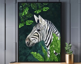 Zebra och växter, monsteraväxttryck, krukväxtposter, bohemisk heminredning, djurväggkonst, loungeväggkonst, konstverk, gallerivägg A5, A4