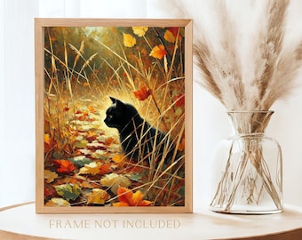 Poster chat noir automne, poster chat automne douillet, poster chat noir et feuilles d'automne, art mural automne douillet, chat noir et feuilles d'automne