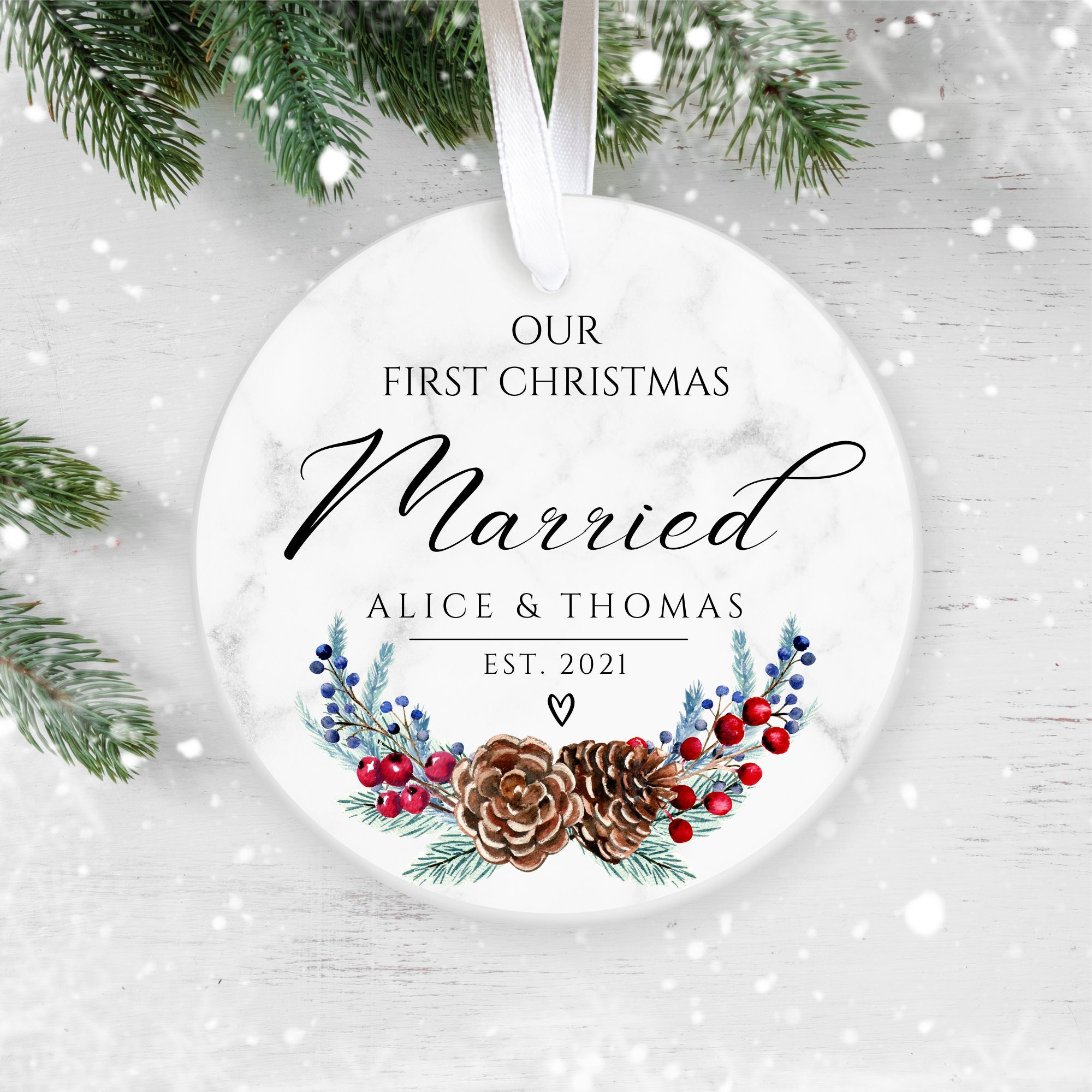 Our First Christmas Married, Personalised Ceramic Decoration