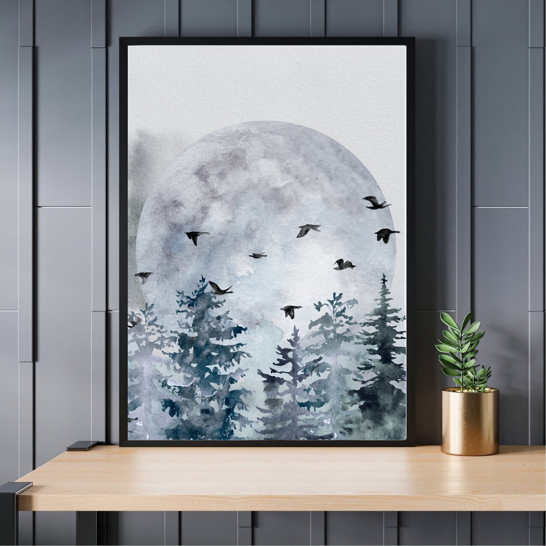 Full Moon Print, Moon Phase Print, Lounge Wall Art, Watercolour Moon ...