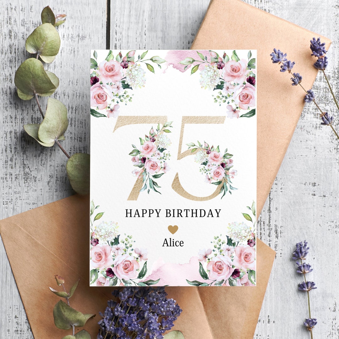 75th Birthday Card For Women - Gold Foil Cake Design Blank Inside With Envelope