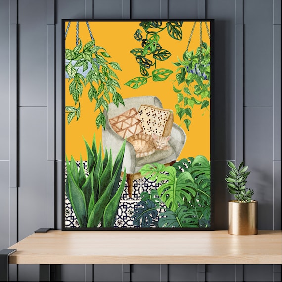 植物と猫のイエローアート 大きめ モンステラ植物プリント、観葉植物ポスター、ボヘミアンホーム