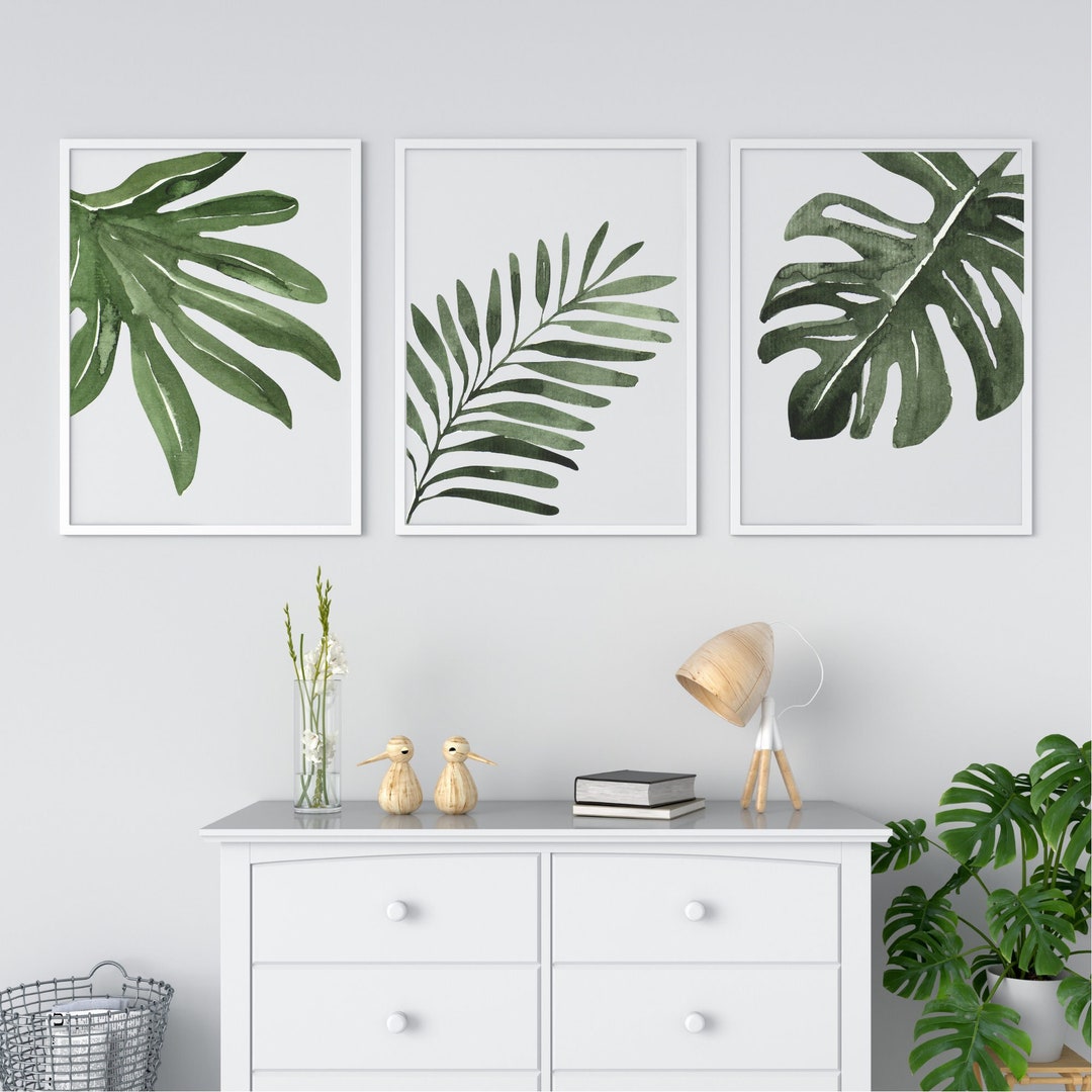 Set of 3 Botanical Prints, Lounge Wall Art, Leaf Print, Boho Floral ...
