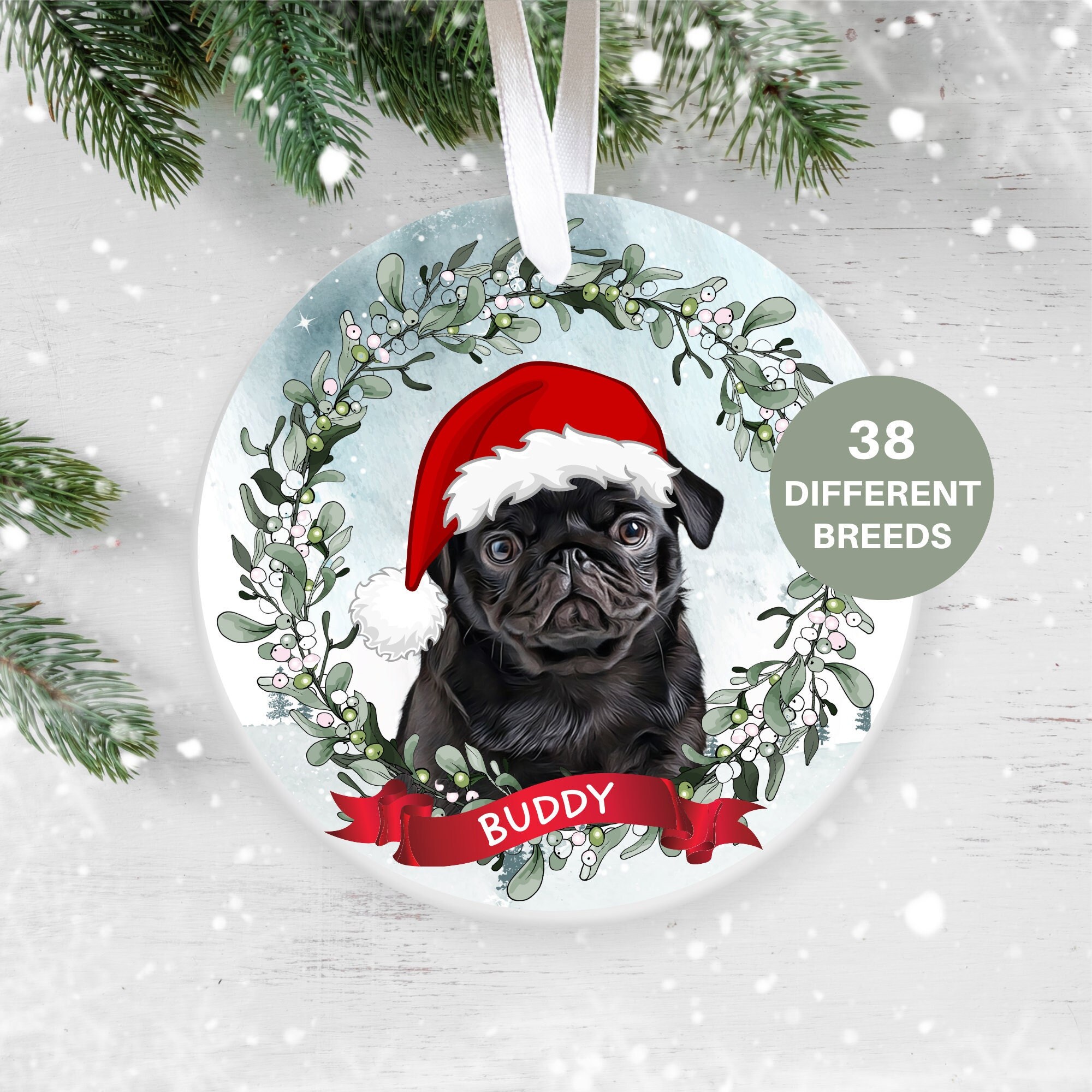 Black pug christmas ornament hotsell