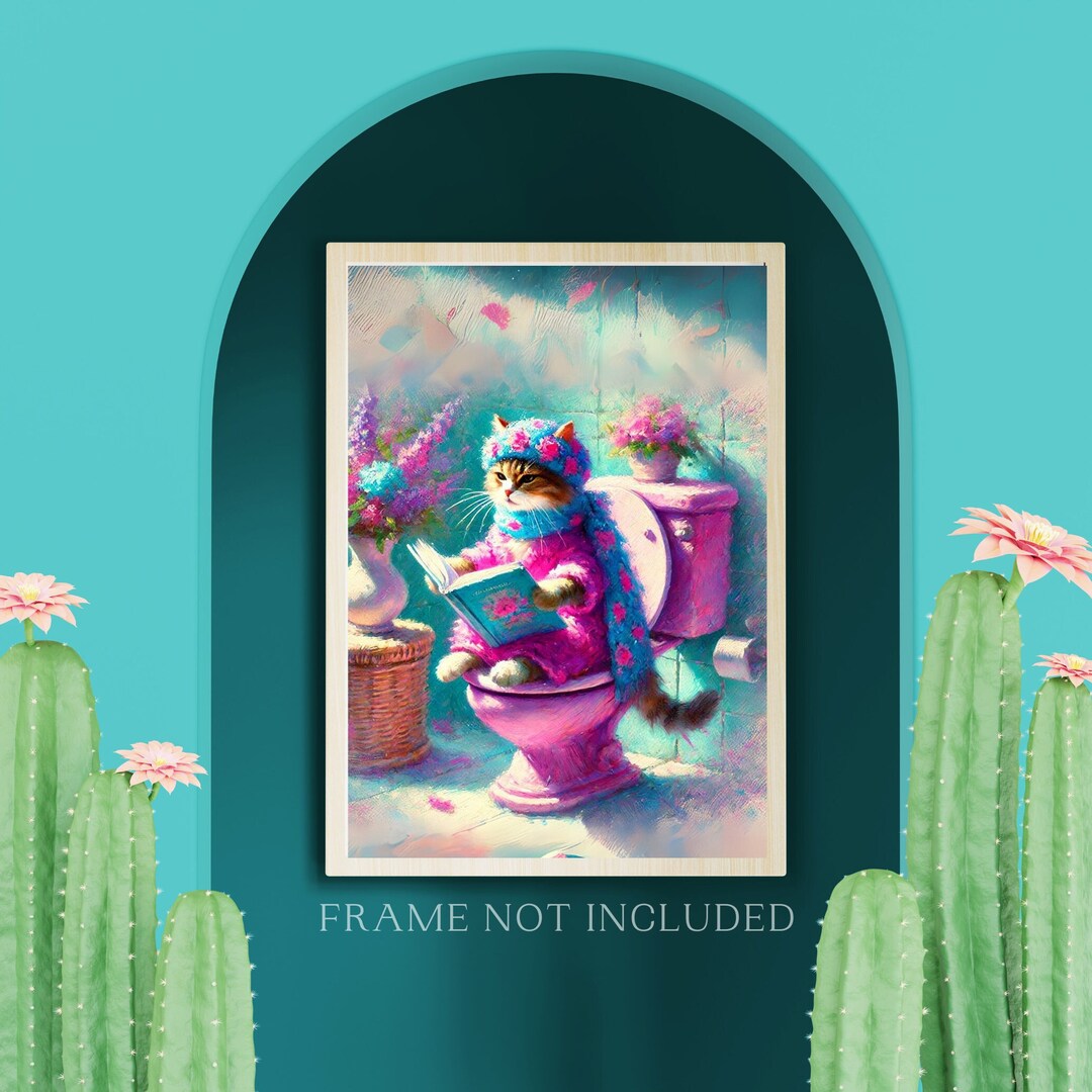 Ginger Cat Reading on Toilet Art Print, Funny Bathroom Wall Art, Funny ...