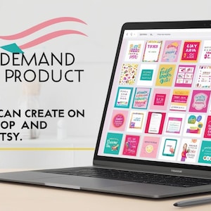 May include: A laptop computer displaying a screen filled with colorful digital product ideas. The text on the screen reads "150 High-Demand Digital Product Ideas You Can Create On Your Laptop And Sell On Etsy."